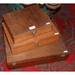Three wooden fishing / tackle boxes to include two hand made fishing priests.