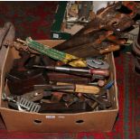 A box lot of tools to include Wood saws, clamps, Rabone Chesterman 30m tape measure, set squares