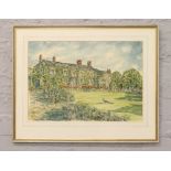 A framed pen and watercolour wash, Country House scene with peacock on the lawn, signed Flait
