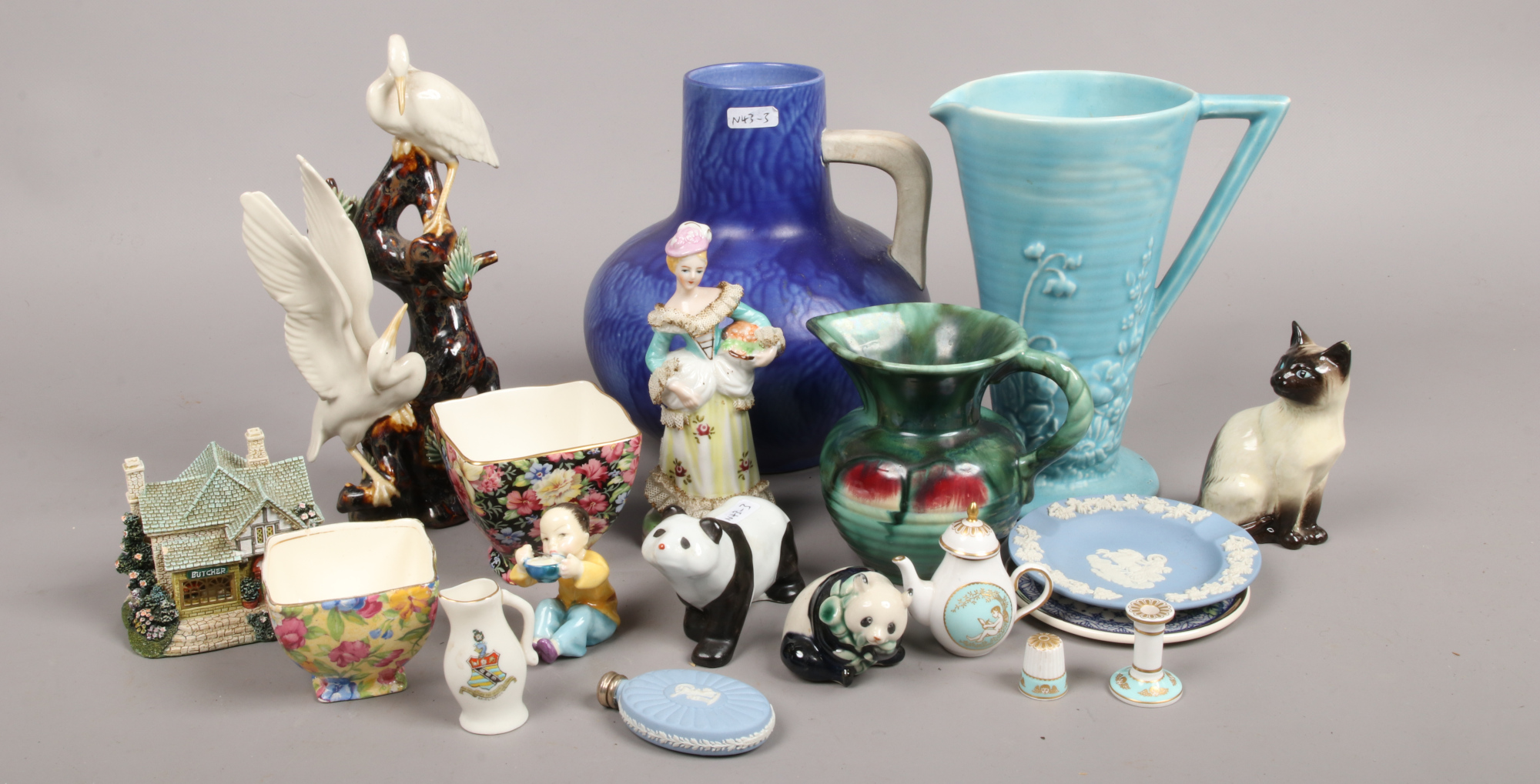 A group of mixed ceramics to include Royal Worcester F. G. Doughty figure, Beswick, silver top
