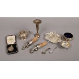 A collection of mainly silver cased medal salts, ring tree, figural drinks pourers etc, 420 grams