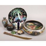 A group lot to include cloisonne bowl and vase, lacquered box, Japanese decorated pin dish (damaged)