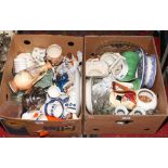 Two boxes of miscellaneous to include Crown Devon musical tankard, Aynsley, continental figures