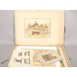 A folder of prints and pictures including a watercolour by J. Fairfax, Victorian Street scene.