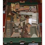 A box of oo gauge cardboard buildings to include train station, church, houses, bridge etc.