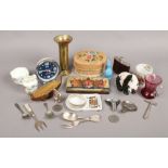 A box of collectables including a coronation tin, hip flask, Wade, vintage buttons, commemorative