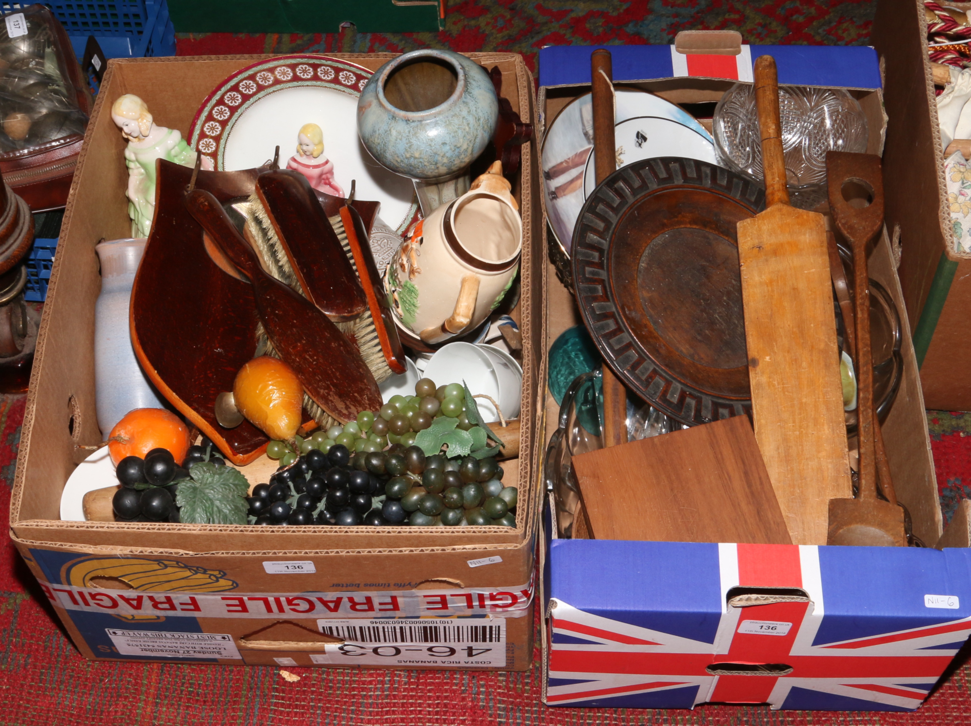 Two boxes of miscellaneous including treen, glasswares, John Wayne collectors plates, ornaments,