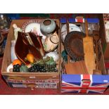 Two boxes of miscellaneous including treen, glasswares, John Wayne collectors plates, ornaments,