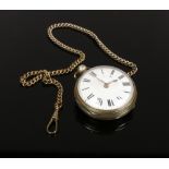 A white metal pocket watch on chain with Roman numeral markers.