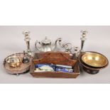 An oak cutlery tray, oak tazza and assorted metalwares including candlesticks and boxed collectors