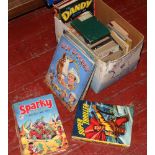 A box of children's story books to include 1968 Dandy and 1957 Super Thriller annual.