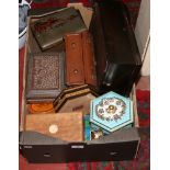 A box of miscellaneous tins and boxes to include wooden and metal examples etc.
