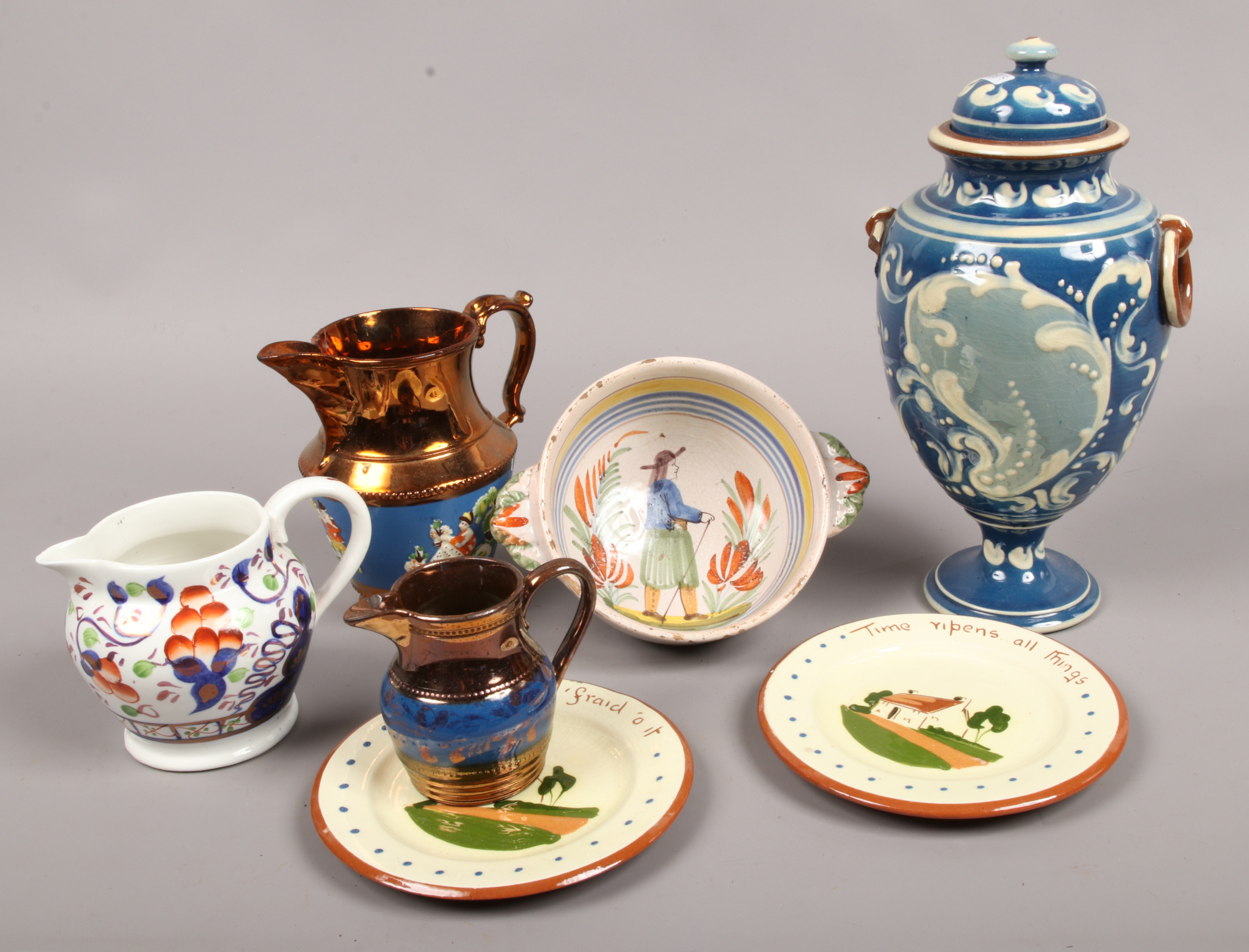 A mixed lot of ceramics to include a Quimper French faience, two handle porringer, copper lustre