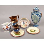 A mixed lot of ceramics to include a Quimper French faience, two handle porringer, copper lustre