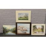 A quantity of pictures including a 19th century watercolour river landscape, a framed oil on canvas,