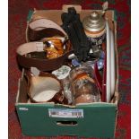 A box of miscellaneous to include stein, stoneware jug, trinket boxes, compass sets etc.Condition
