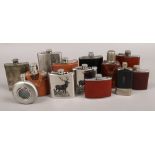 Thirteen hip flasks to include glass, stainless steel, leather bound examples etc.