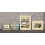 A quantity of mostly framed prints and pictures including a watercolour of a city scape, coloured