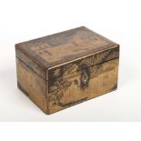 A 19th century Chinoiserie lacquered tea caddy. Pewter lined and with engraved pewter internal cover