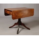 A Regency mahogany centre pedestal two drawer sofa table raised on scroll supports, 89cm x 50cm