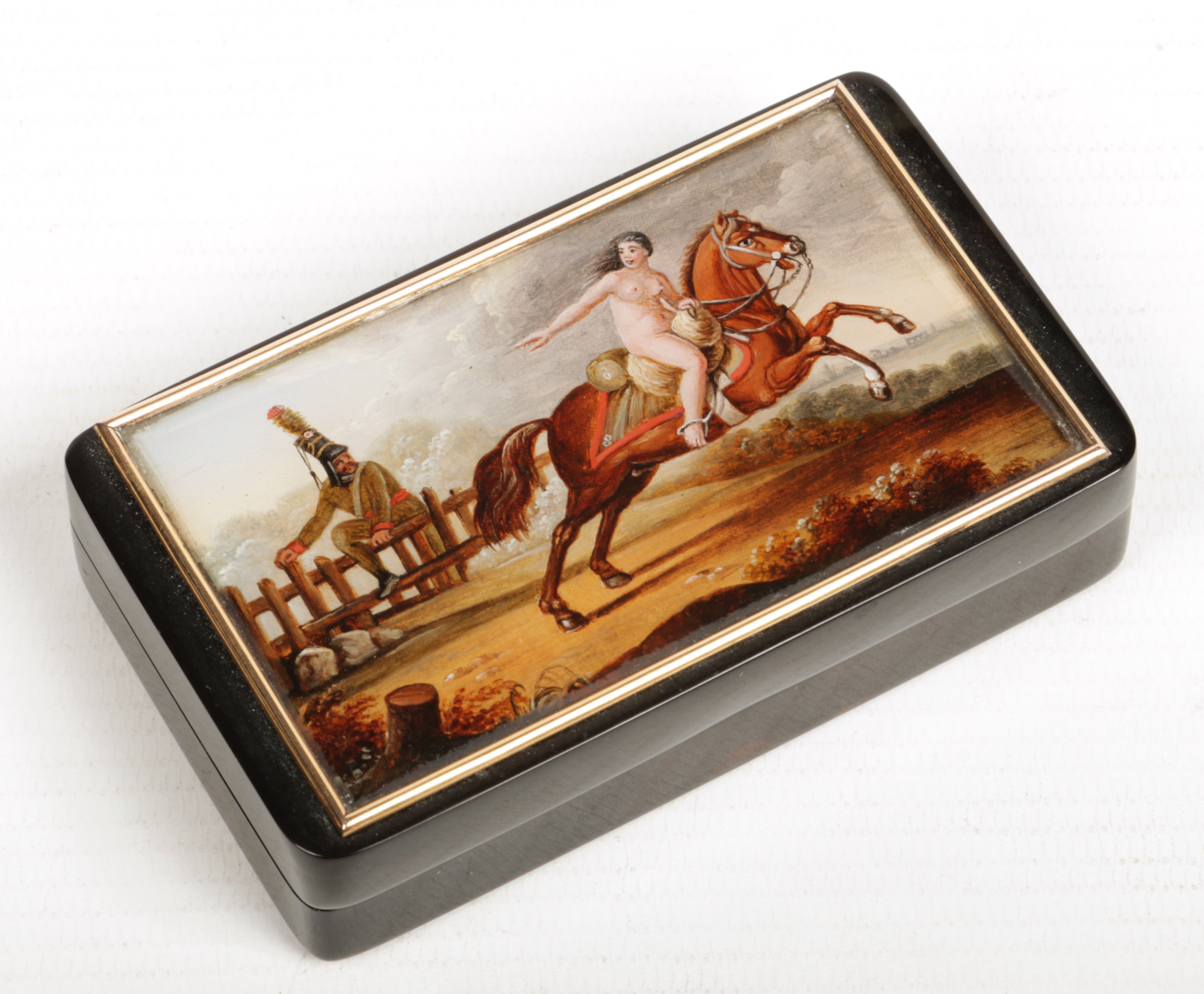 An early 19th century tortoiseshell snuff box. With hinged cover painted with a portrait of Lady