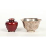 A Japanese Meiji period gin bari decorated red cloisonne bud vase along with a planished silver