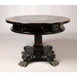 An early 20th century Japanese lacquered centre pedestal table. Decorated to the circular top with