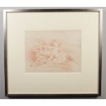 A large red monochrome pencil drawing of three cherubs, in silver gilt frame. Signature