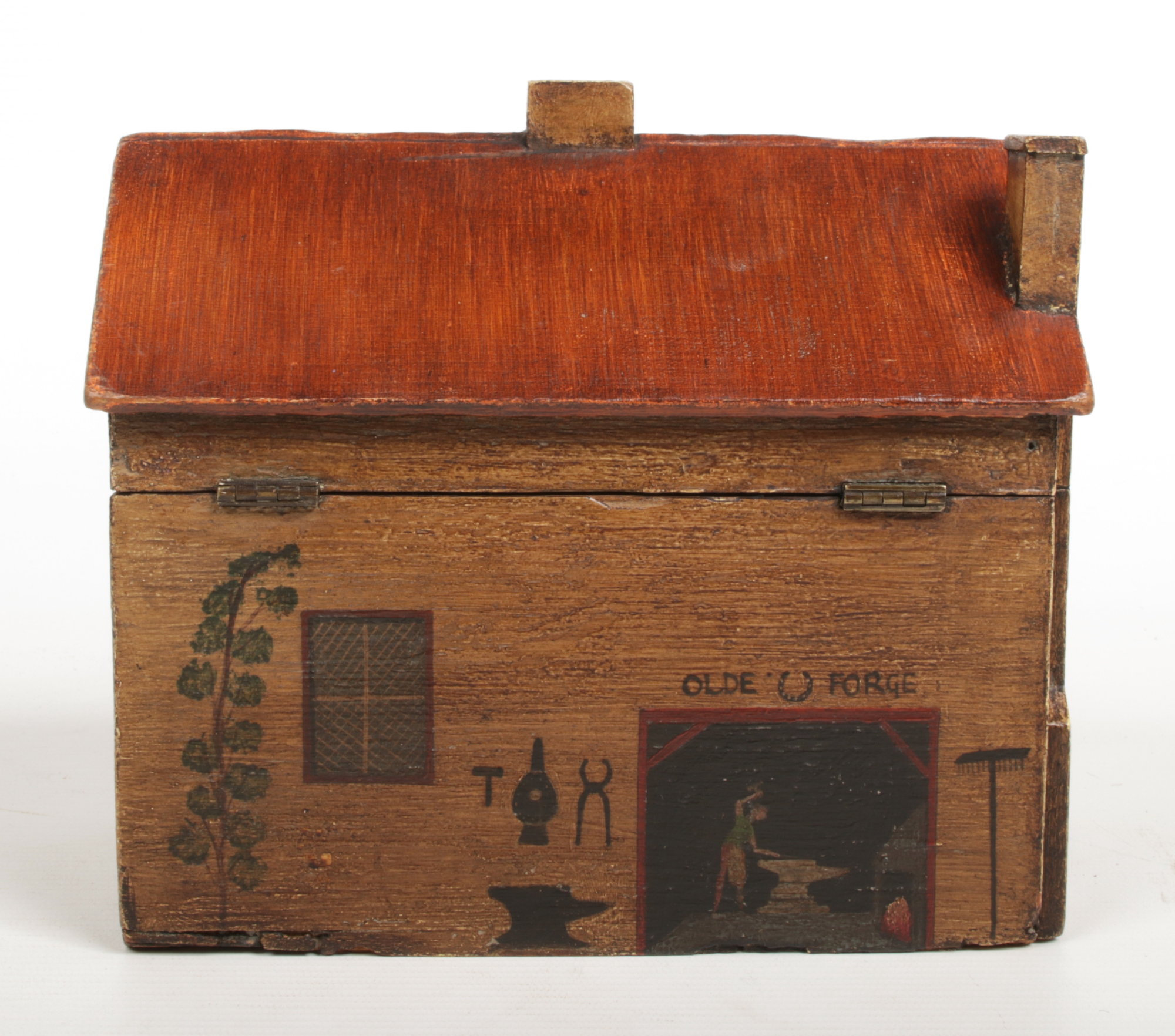 A novelty painted tea caddy, modelled in the form of a cottage with a pitched roof and two chimney - Image 3 of 5