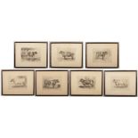 Seven framed 19th century etchings of prize bulls, all titled and monogrammed A.M.W, 23.5cm x