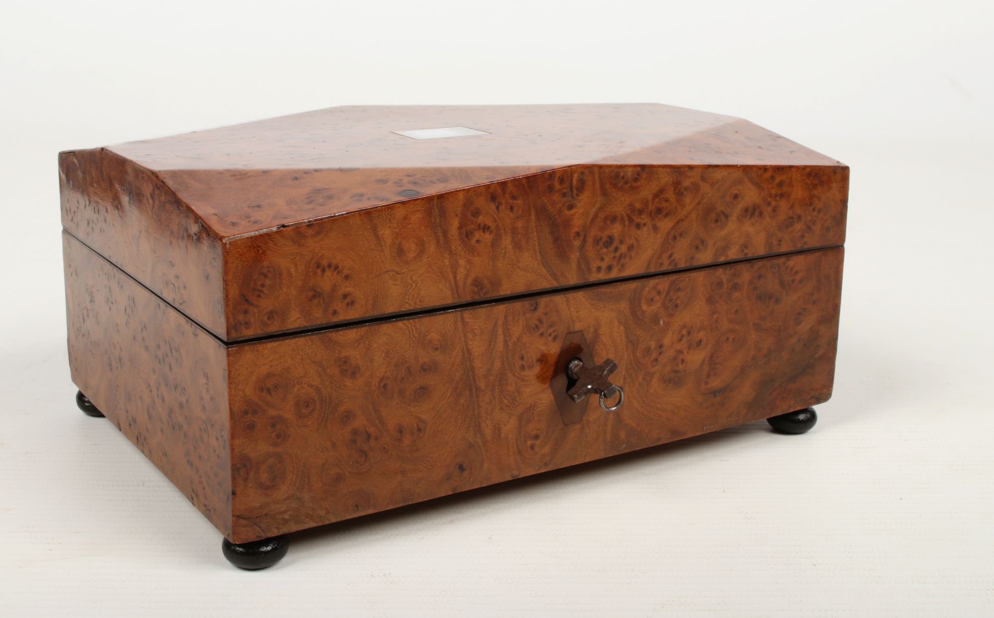 A 19th century French burr walnut necessaire raised on squat bun feet. With hinged and mirrored - Image 4 of 4