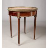 A late 19th century French kingwood and marble top two drawer occasional table. With brass gallery