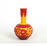 A Chinese Peking glass overlay bottle vase. Decorated in red over a yellow ground with five