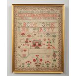 An early Victorian needlework sampler in gilt frame, dated 1837, 41.5cm x 30.5cm. Condition report