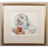 John Davison (20th century). A gilt framed still life watercolour, Chinese porcelain and grapes,