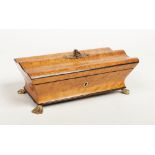 A small 19th century birds eye maple workbox with reeded top. Having ebonized mouldings, brass