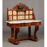 A Victorian mahogany Duchess serpentine washstand. With tiled splash back, white grey veined