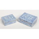 Two Chinese rectangular boxes and covers. Painted in underglaze blue with key fret borders and