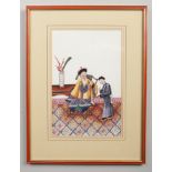 A 19th century Cantonese watercolour on pith paper in frame. Portrait of a scholar and attendant,
