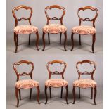 A set of six Victorian rosewood balloon back chairs. With overstuffed seats and raised on cabriole