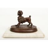 A small bronze model of a French poodle raised on a chamfered rectangular marble plinth, 13cm.