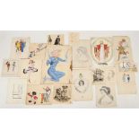 A collection of unframed pen lined watercolours and pencil sketches, mostly illustrations, including