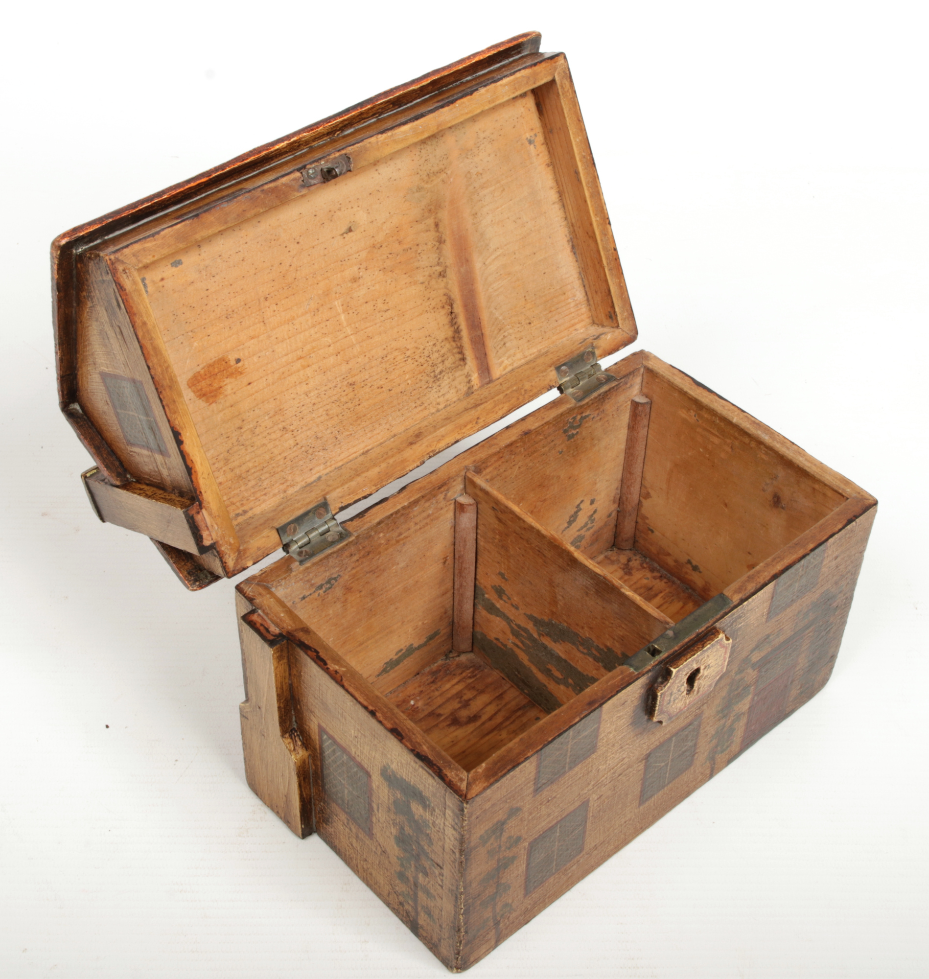 A novelty painted tea caddy, modelled in the form of a cottage with a pitched roof and two chimney - Image 2 of 5