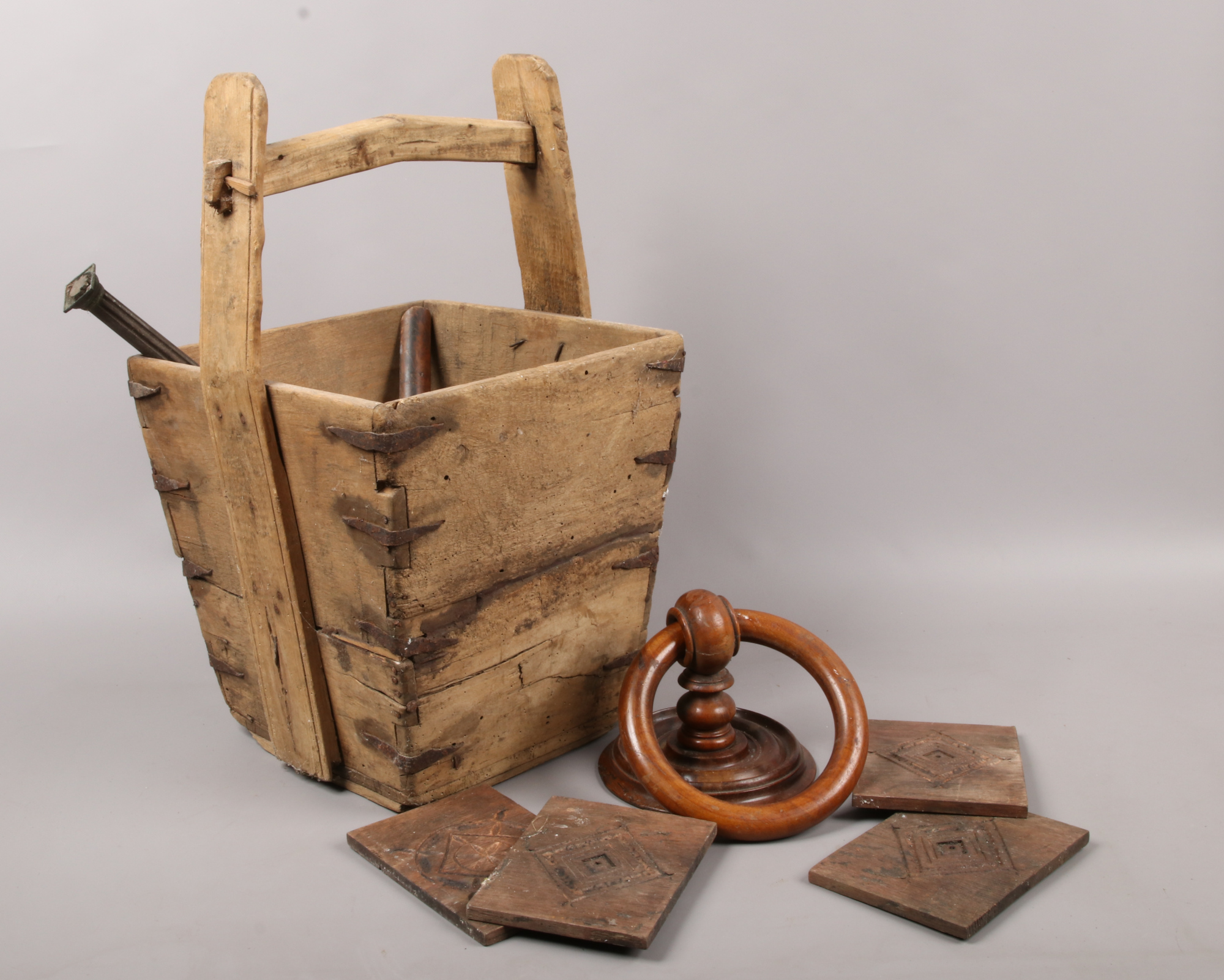 A vintage French grain trug / basket and a quantity of antique treen including a large Victorian