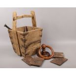 A vintage French grain trug / basket and a quantity of antique treen including a large Victorian