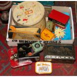 A box of vintage advertising tins to include Mcuitie & Prices, Wills, Masion Lyons etc.