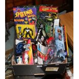 A box of comic book heros and villans on card some opened to include Star Wars, XMen, Spiderman
