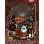 A box of miscellaneous to include paperweights, wooden boxes, Lloyds Bank money bank, felt pictures,