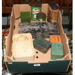 A box of vintage tins to include John Bull repair kit, Farrah's etc.