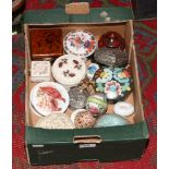 A box of trinket boxes to include ceramics, metal, lacquered examples etc.